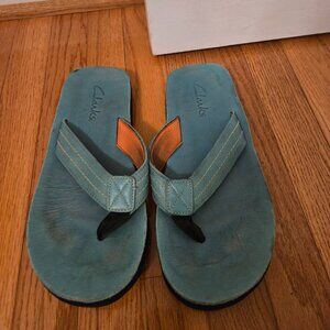 Mens Clarks Teal Leather Flip Flops Size 8M